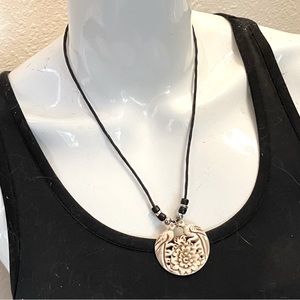 🕊️ Vintage Bone Carving Necklace — Kissing Peacocks, Fair Trade